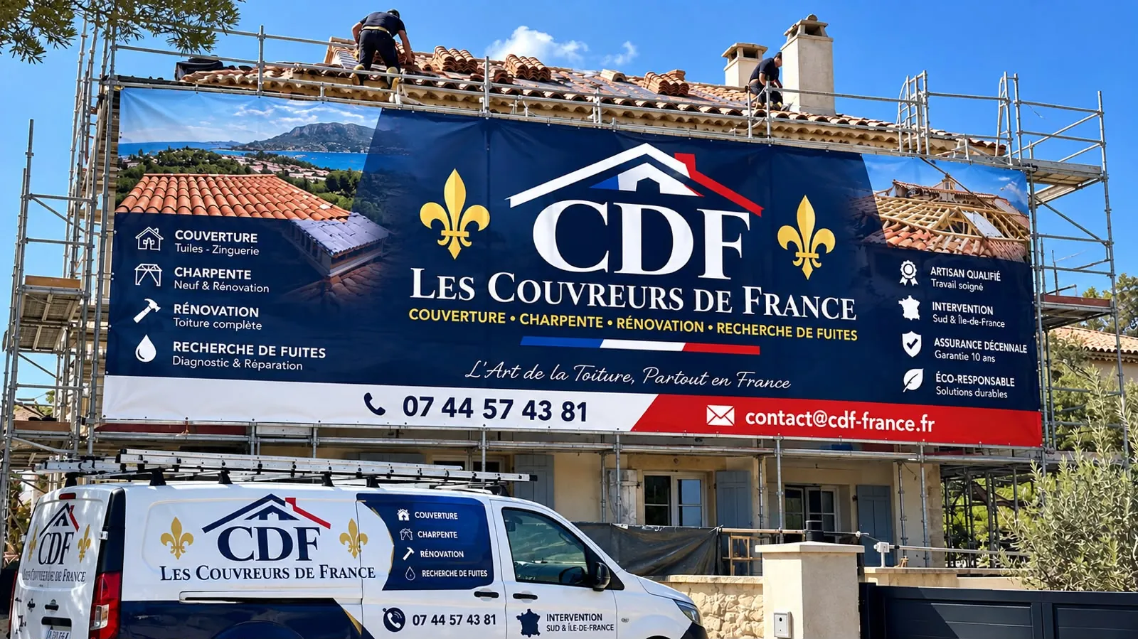 Chantier de toiture Les Couvreurs de France — échafaudage et bâche CDF